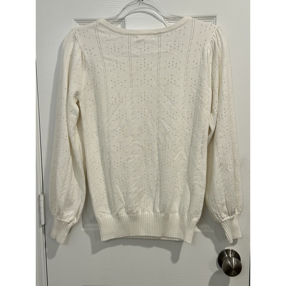 Womens Square Neck Long Puff Sleeve Pointelle Sweater Cream Size Small Casual - Picture 5 of 10